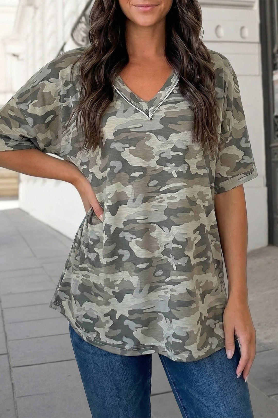 Aapparella - Retro Camo Print Raw Edge V Neck Tee | S-XL