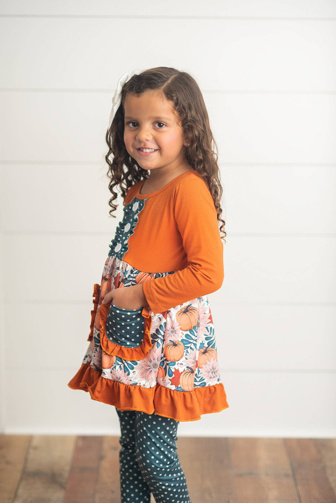 Kids Sage &amp; Pumpkin Ruffle Pocket Polka Dot Fall Pant Set