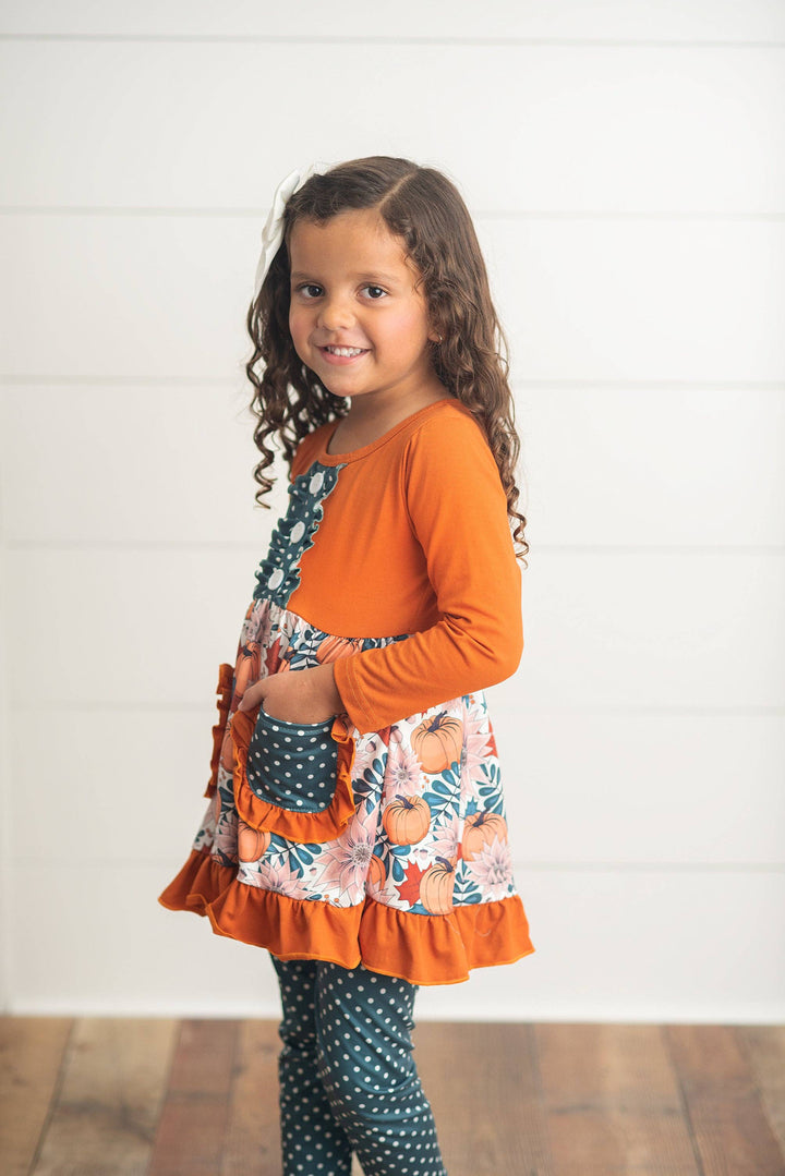 Kids Sage &amp; Pumpkin Ruffle Pocket Polka Dot Fall Pant Set