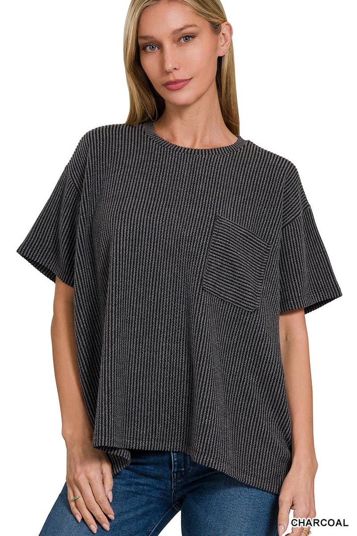 42POPS - Corded Rib Short Sleeve Front Pocket Top