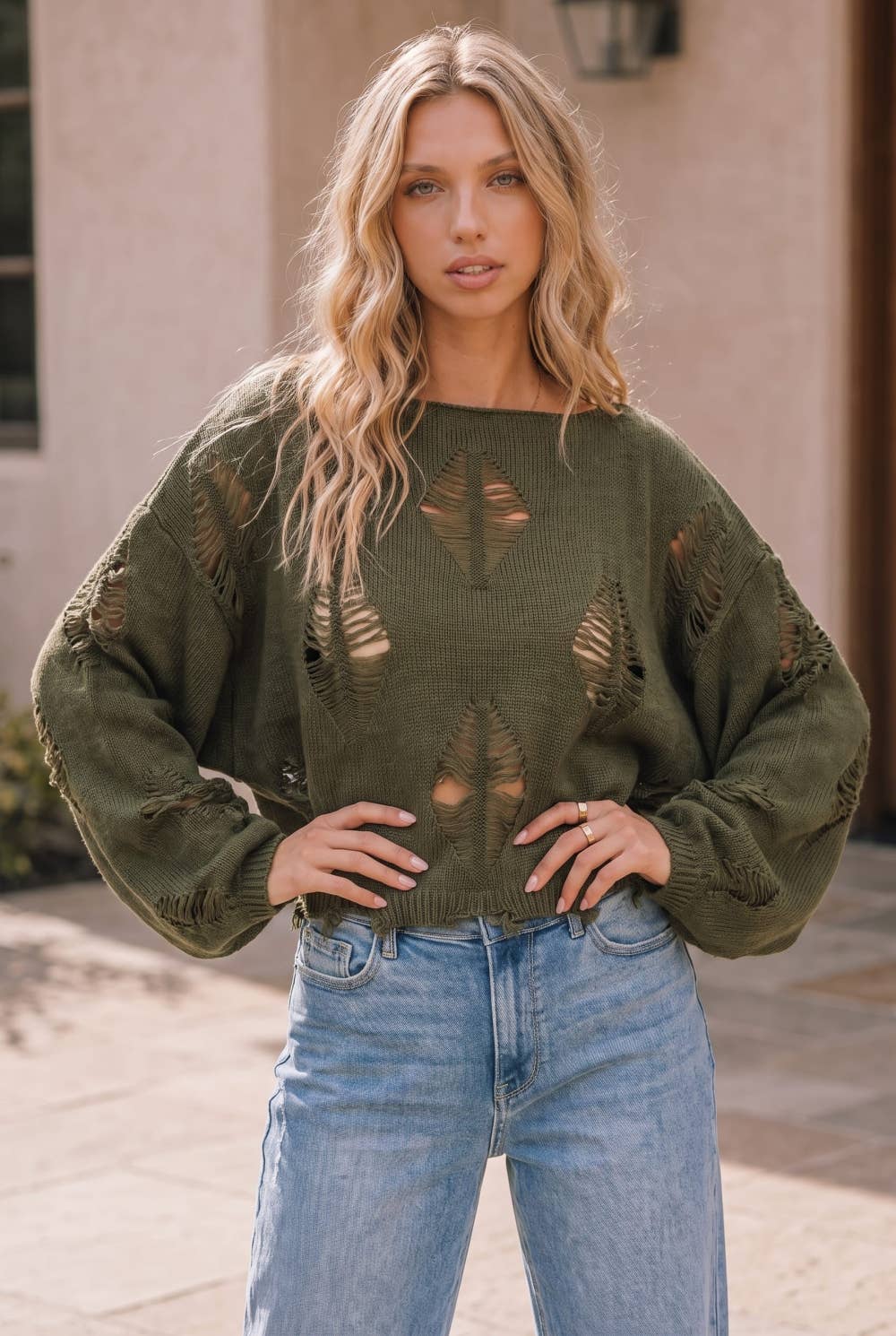 Kori America - PLUS OLIVE DISTRESSED CROP LONG SLEEVE SWEATER