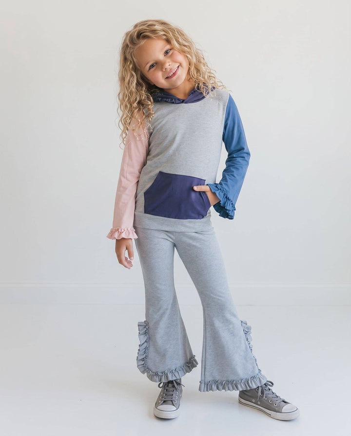 Kids Lucy Rosy Gray Hooded Ruffle Pocket Lounge Set