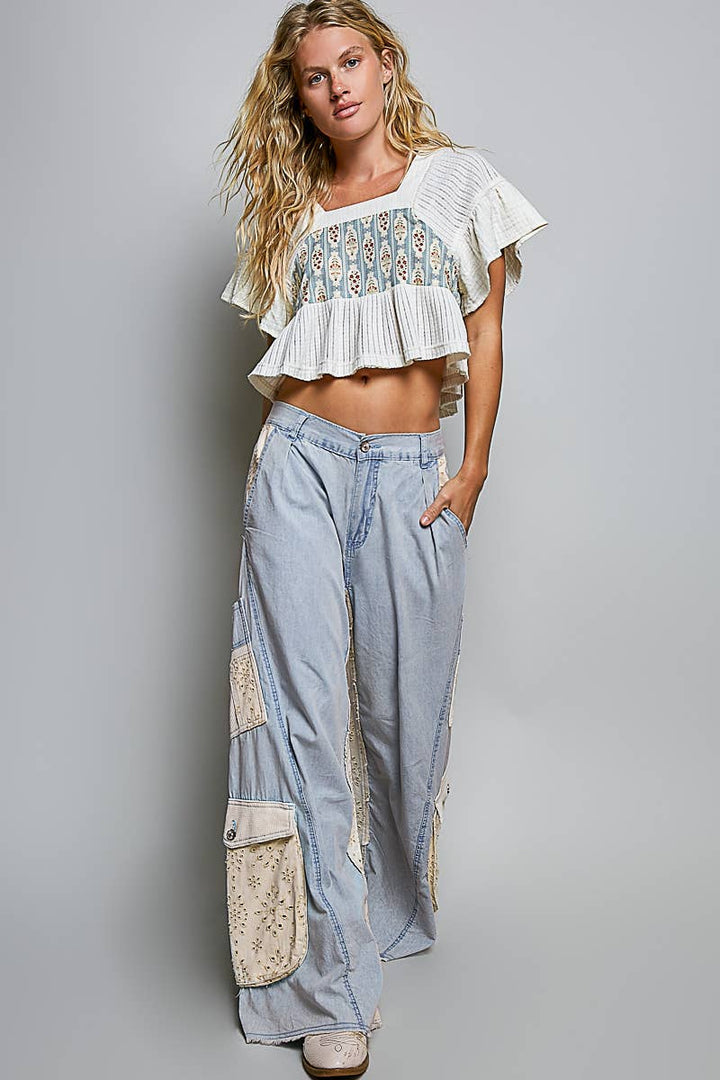 Pol Clothing - Solid Floral Metal Button Vintage Washing Laser Cut Pants