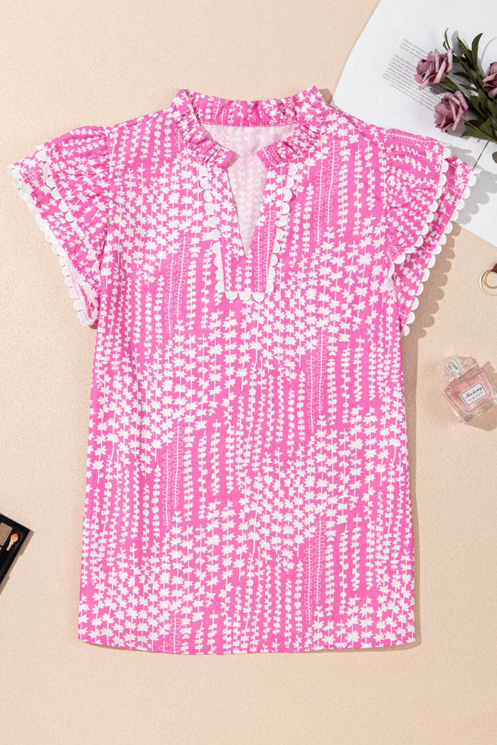 Ric Rac Trim Flutter Sleeve Notch V Neck Blouse