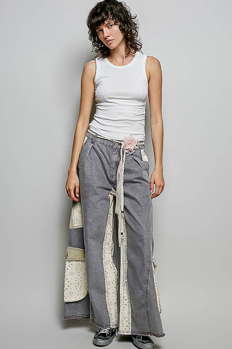 Pol Clothing - Solid Floral Metal Button Vintage Washing Laser Cut Pants