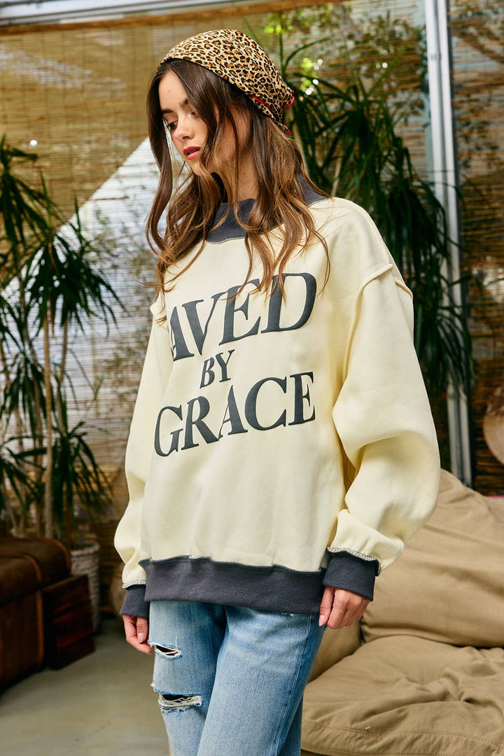 BUCKETLIST INC  Saved by Grace Puff Print Sweatshirt