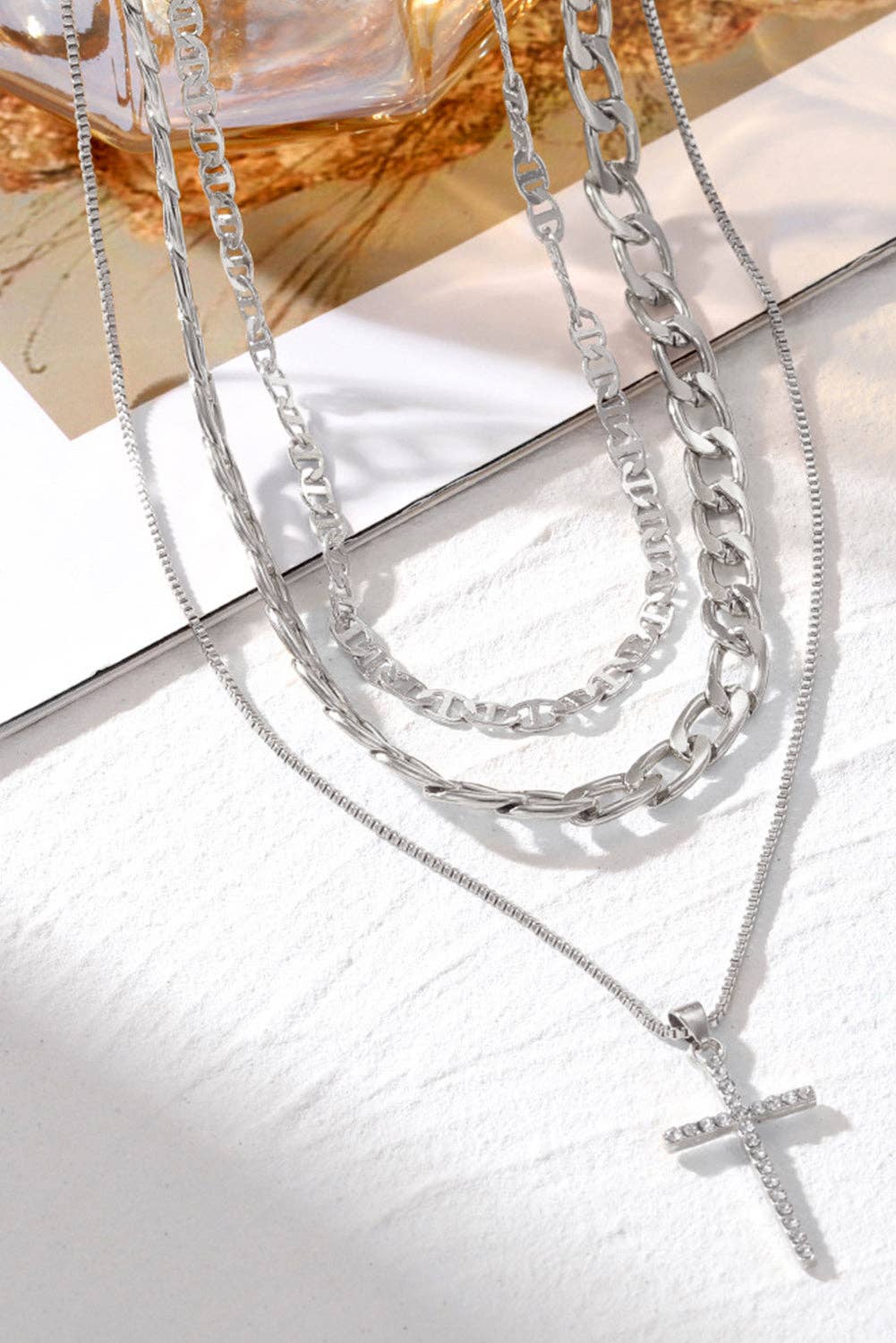 Gold Layered Chain Cross Pendant Necklace Set