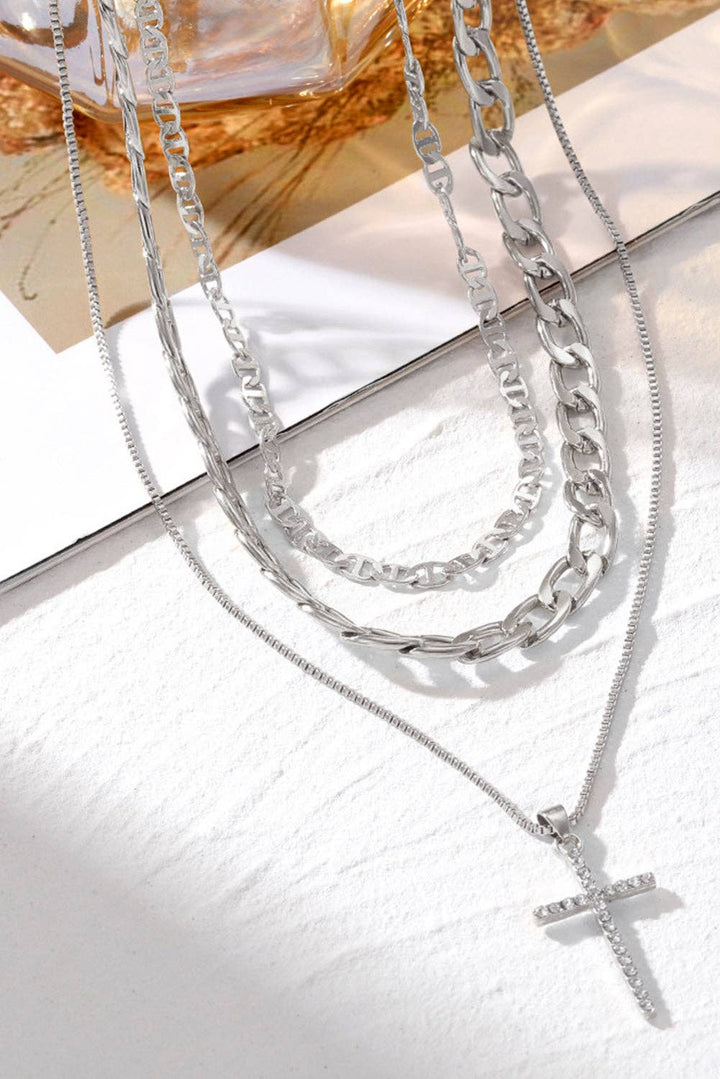 Gold Layered Chain Cross Pendant Necklace Set