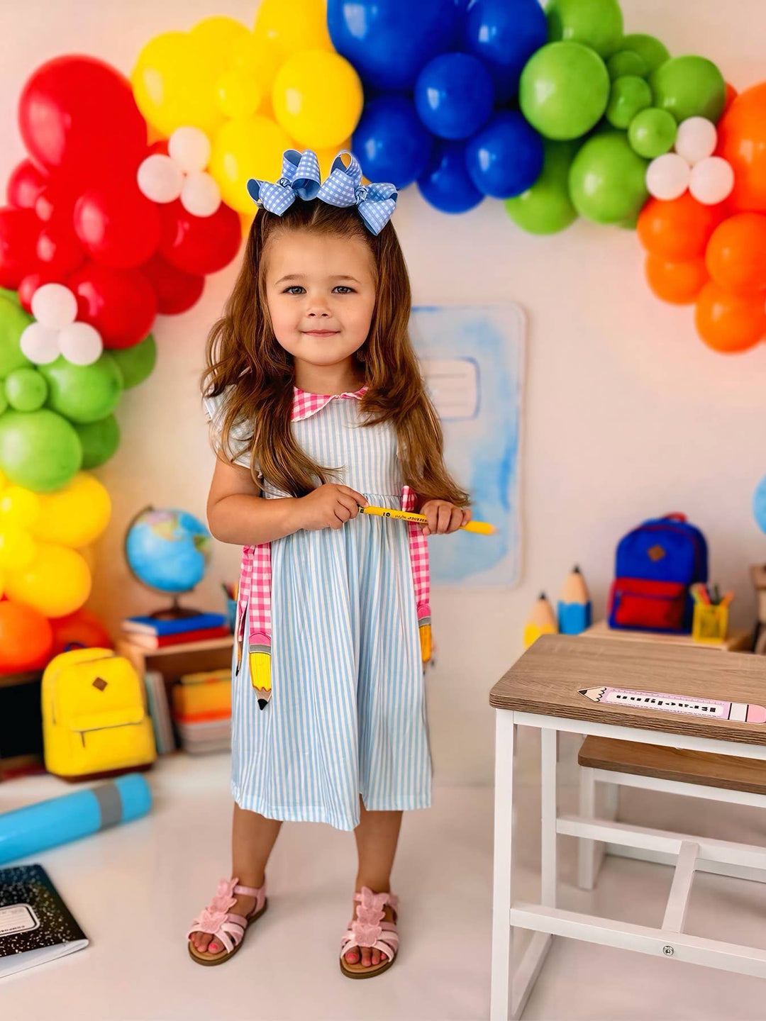 Back To School Girls Striped lapels Bow Dress