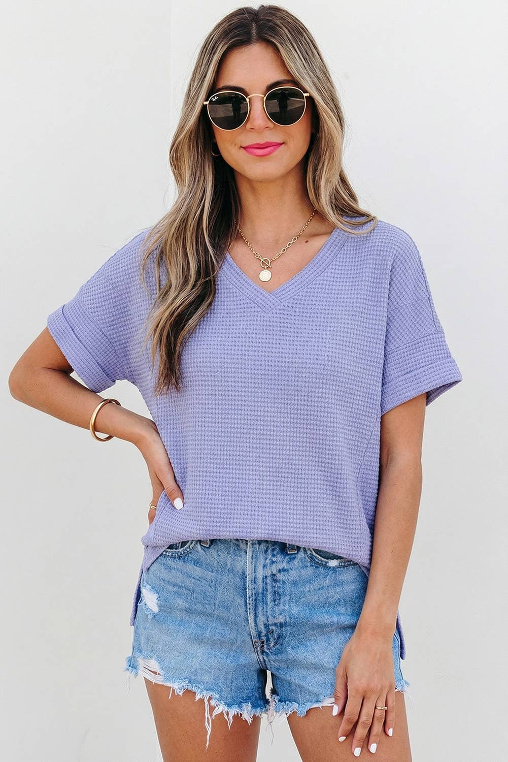 Aapparella - Waffle Texture V Neck Short Sleeve Knit Top | S-XL