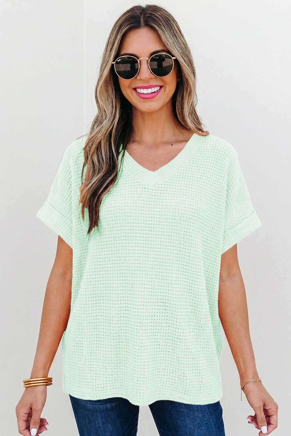Aapparella - Waffle Texture V Neck Short Sleeve Knit Top | S-XL