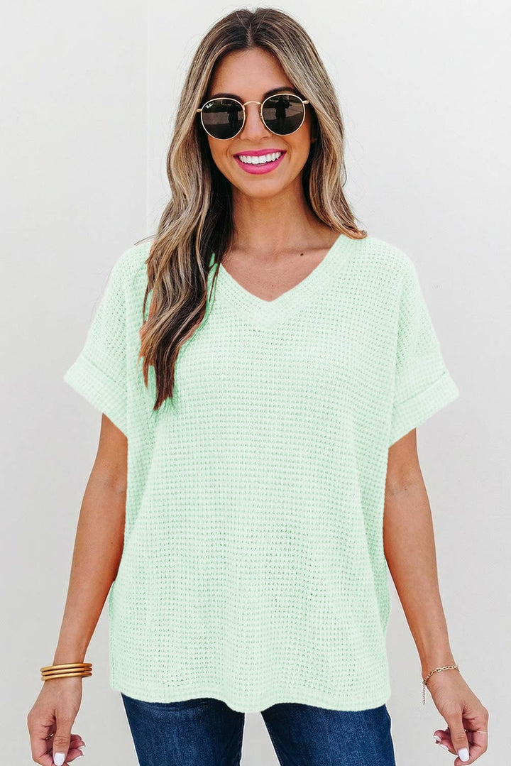 Aapparella - Waffle Texture V Neck Short Sleeve Knit Top | S-XL