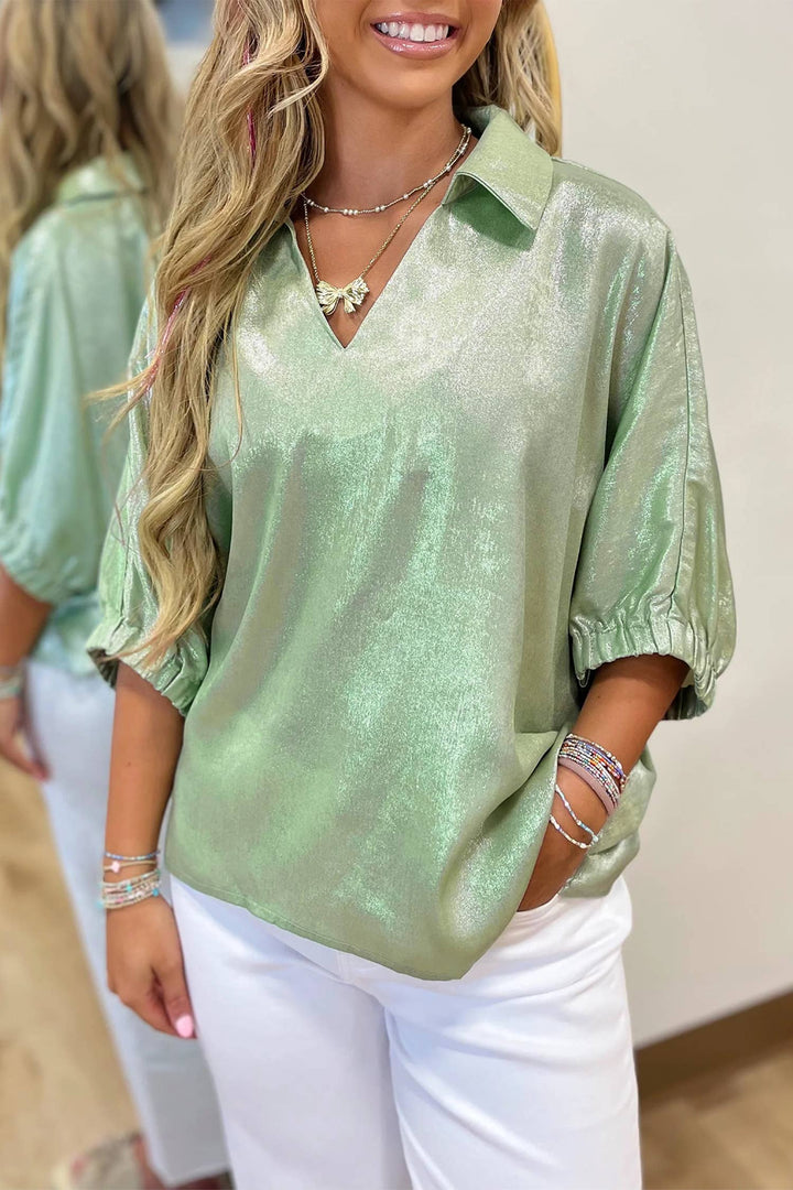 Little Daisy Closet - LDC Collared V Neck Half Sleeve Metallic Top