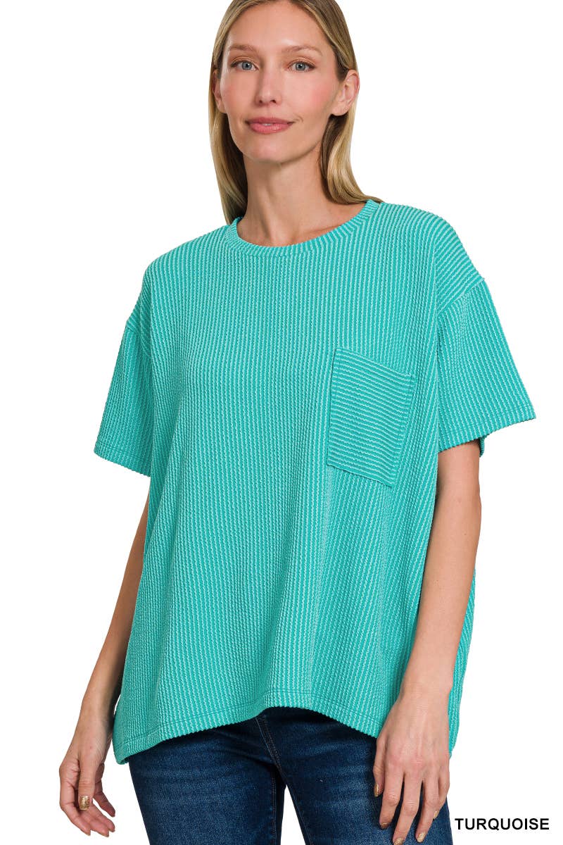42POPS - Corded Rib Short Sleeve Front Pocket Top