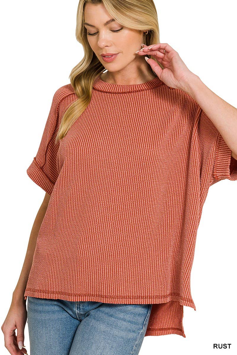 Textured Line Short Cuff Sleeve Raw Edge Top
