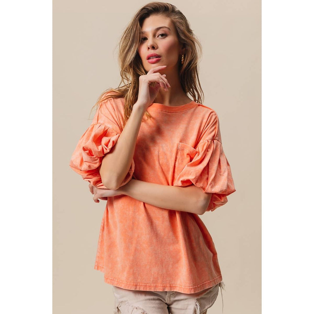 BiBi - MINERAL WASHED PUFF SLEEVE JERSEY TOP