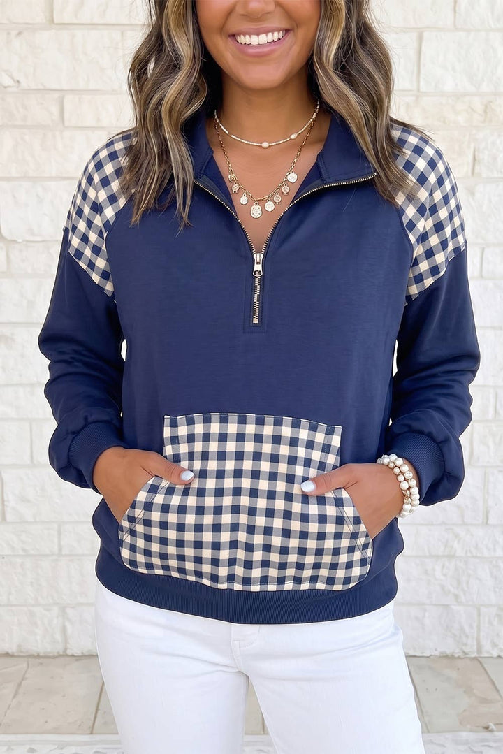 1 the Woman - Patchwork Plaid Pocket Quarter Zip Sweatshirt S–4X