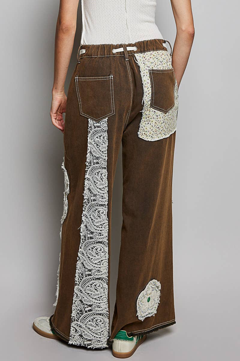 Pol Clothing - Drawstring Floral Patch Denim Pants