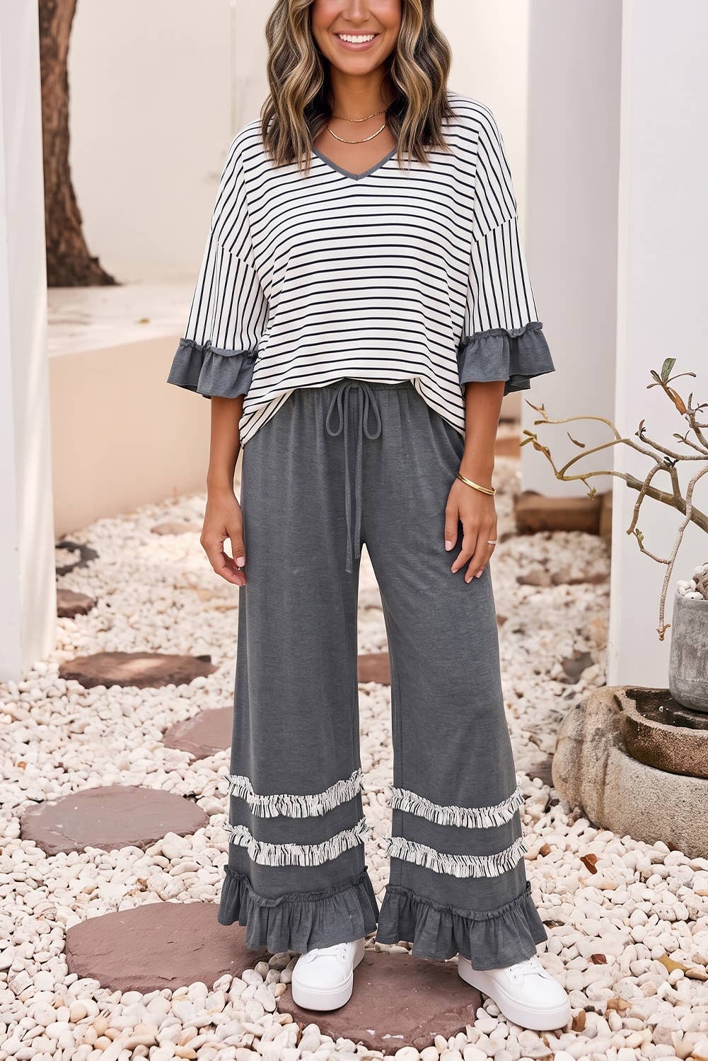 Little Daisy Closet - LDC Stripe Ruffle Contrast Sleeve Drawstring Pants 2pcs Set