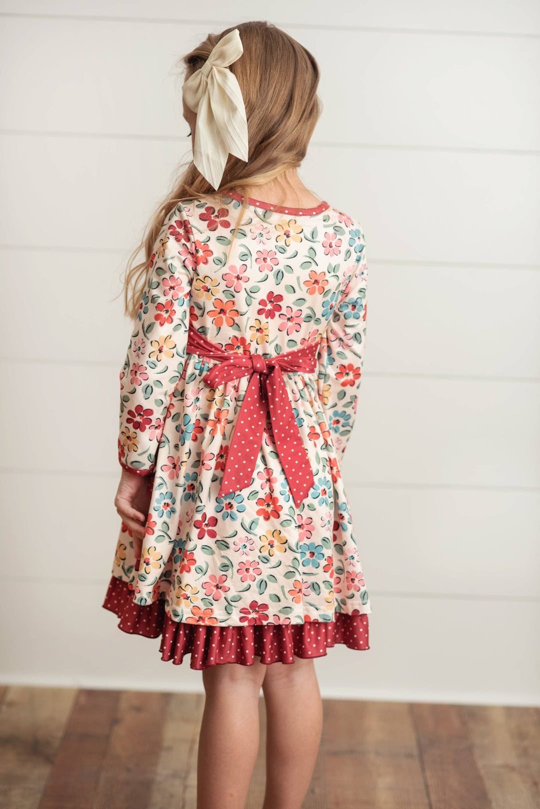 Kids Cream &amp; Burgundy Floral Ruffle Button Pocket Fall Dress