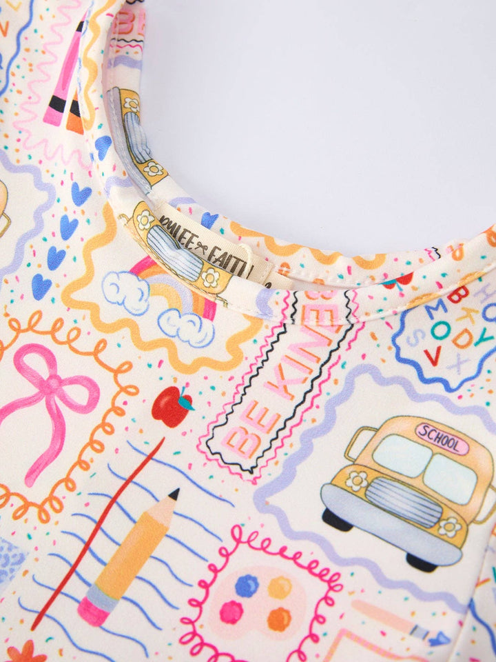 Back to School Rainbow Print Girls Dress Short Sleeve