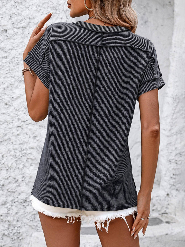 Women Textured Stripe Crew Neck Short Sleeve Loose Tee