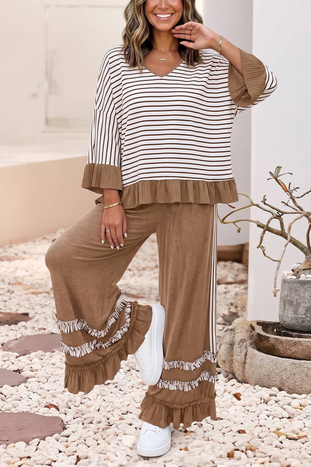 Little Daisy Closet - LDC Stripe Ruffle Contrast Sleeve Drawstring Pants 2pcs Set