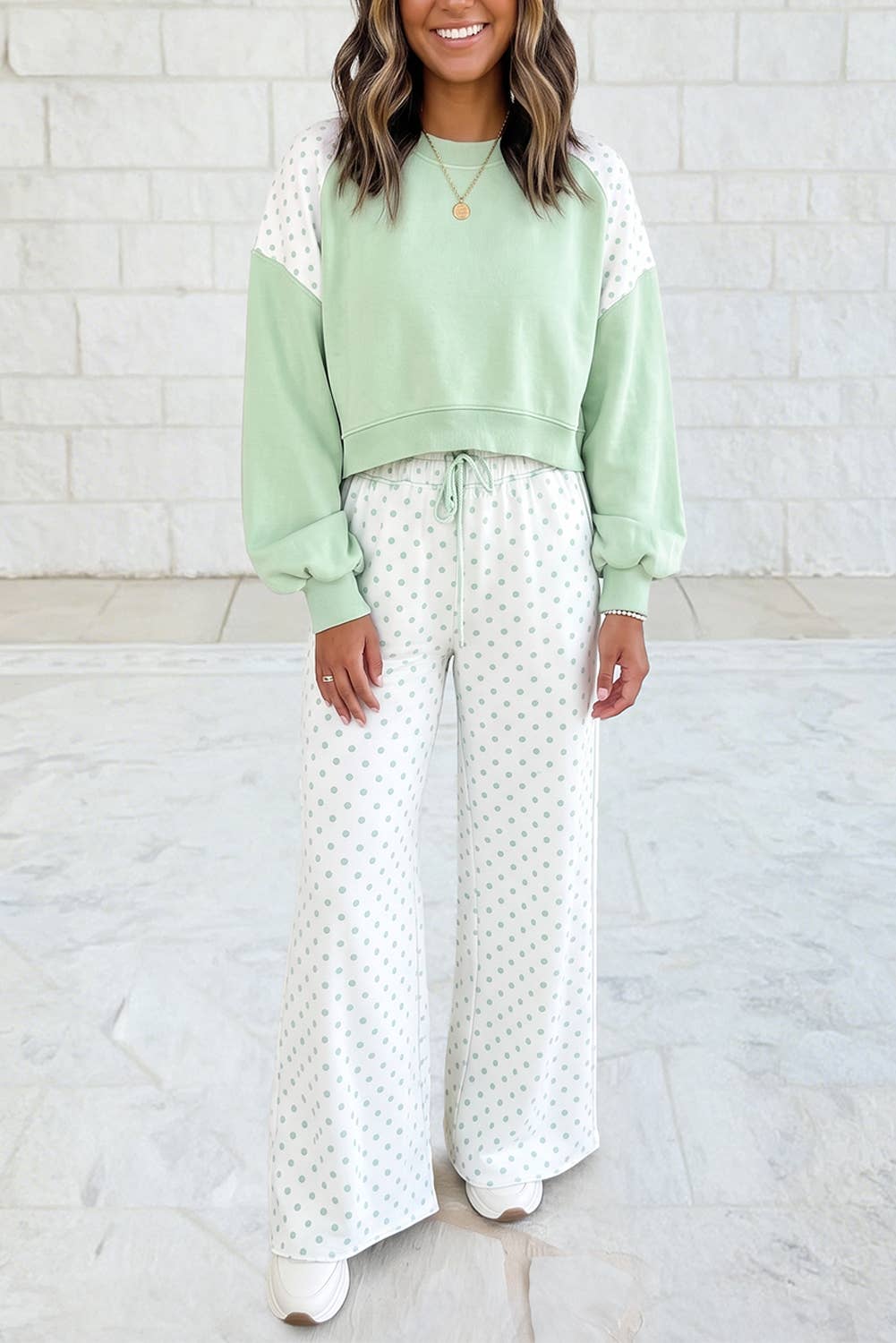1 the Woman - Polka Dot Patchwork Long Sleeve Casual Two Piece Set S-4X