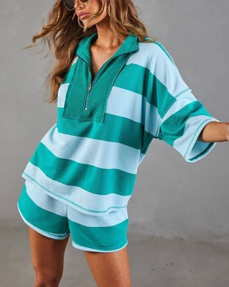 Rosa Clothing - Contrast Trim Half Zip Striped Top Casual Shorts 2pcs Set