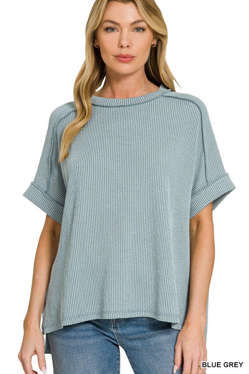 Textured Line Short Cuff Sleeve Raw Edge Top