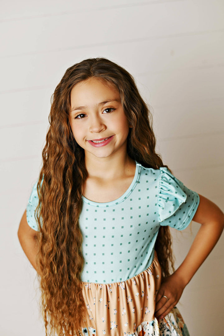 Girls Fall Ava Teal Beige Floral Dot Tiered Twirl Dress