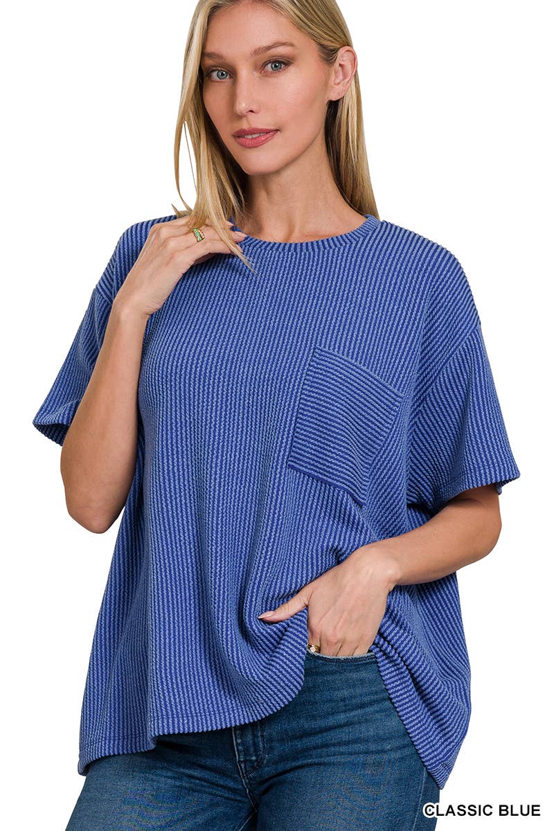 42POPS - Corded Rib Short Sleeve Front Pocket Top