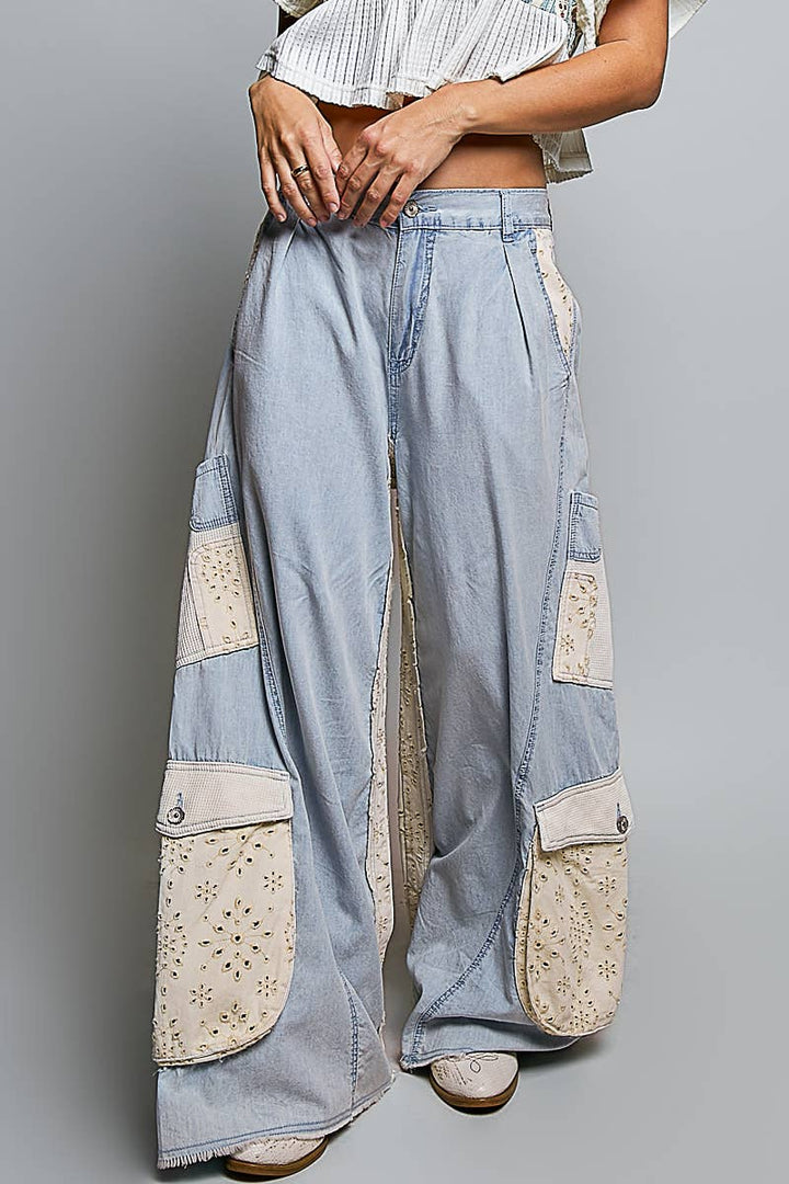 Pol Clothing - Solid Floral Metal Button Vintage Washing Laser Cut Pants