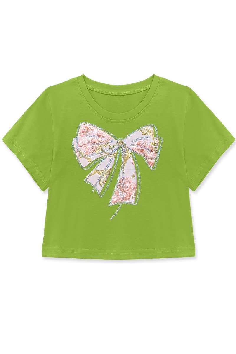 Girls Crop Tee w/ Bow Patch &amp; Rhinestone