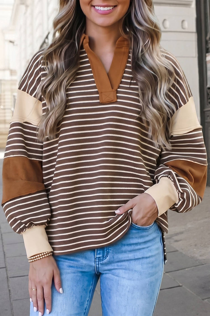Striped Print Polo Neck Loose Pullover Sweatshirt