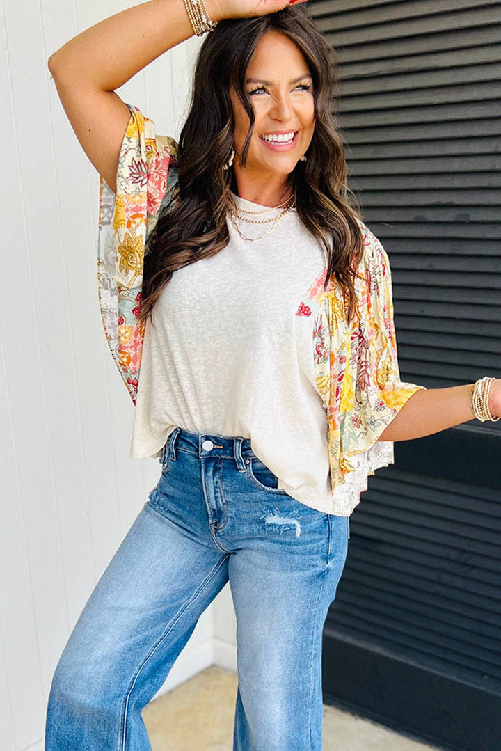 Beige Floral Patchwork Batwing Sleeve Round Neck Blouse