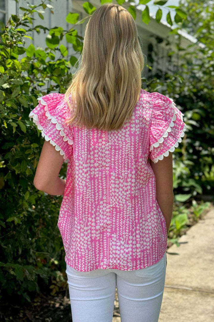 Ric Rac Trim Flutter Sleeve Notch V Neck Blouse