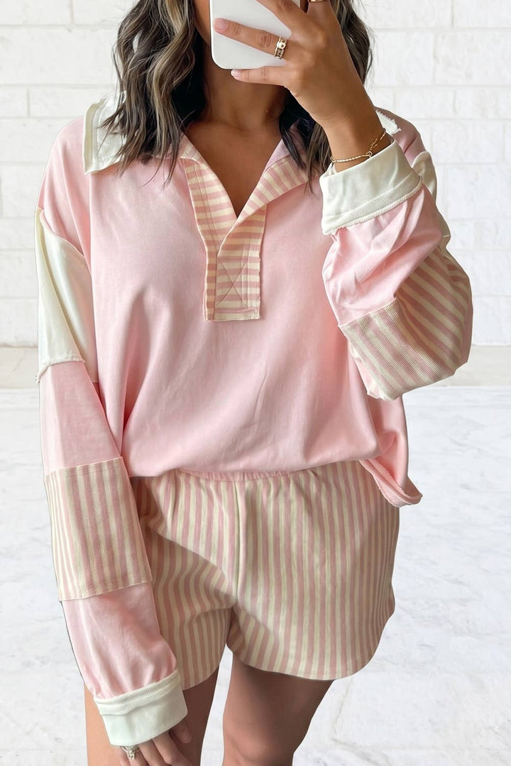 Striped Colorblock Patchwork Collar Sweatshirt &amp; Shorts Set