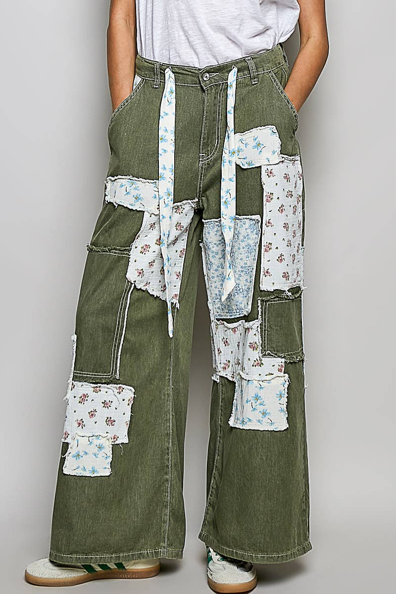 Pol Clothing - Patchwork Detail Denim Straight Fit Pants