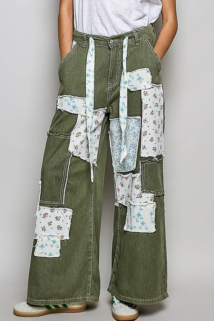 Pol Clothing - Patchwork Detail Denim Straight Fit Pants
