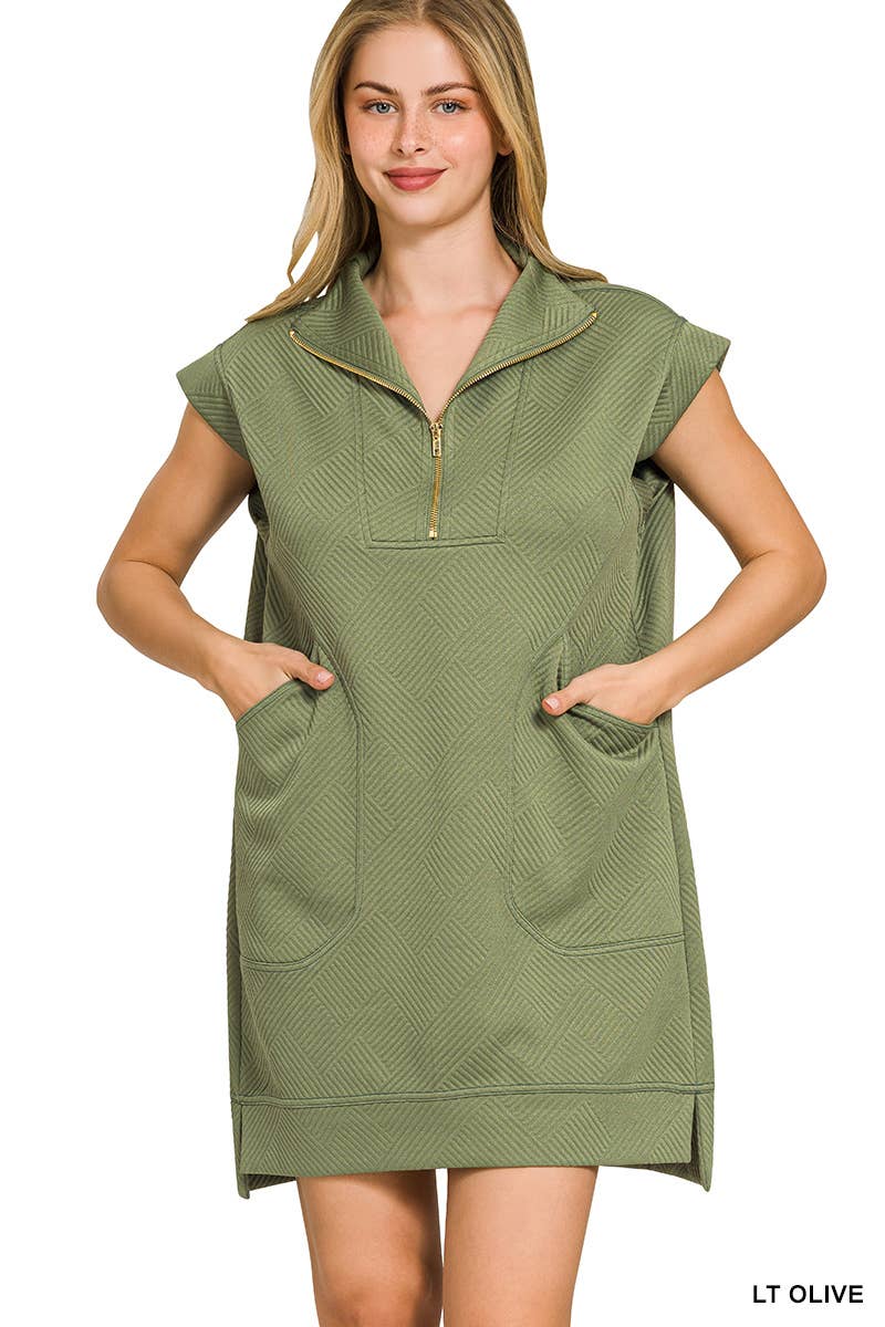 Textured Knit Jacquard Quarter Zipper Mini Dress