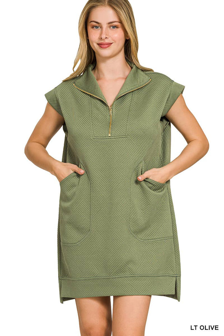 Textured Knit Jacquard Quarter Zipper Mini Dress