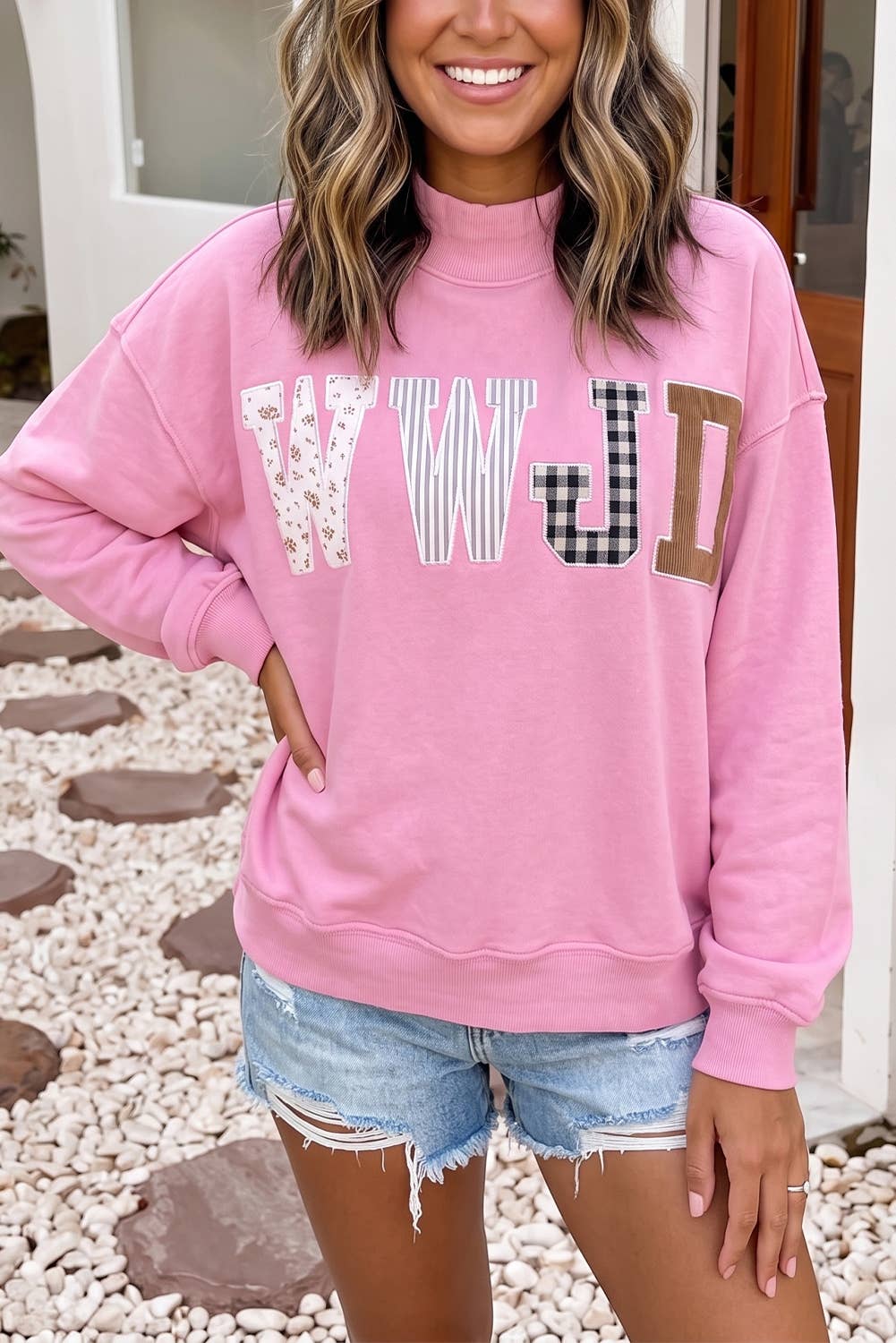 Little Daisy Closet - F/W26 WWJD Embroidered Patch Mock Neck Sweatshirt| S-4X