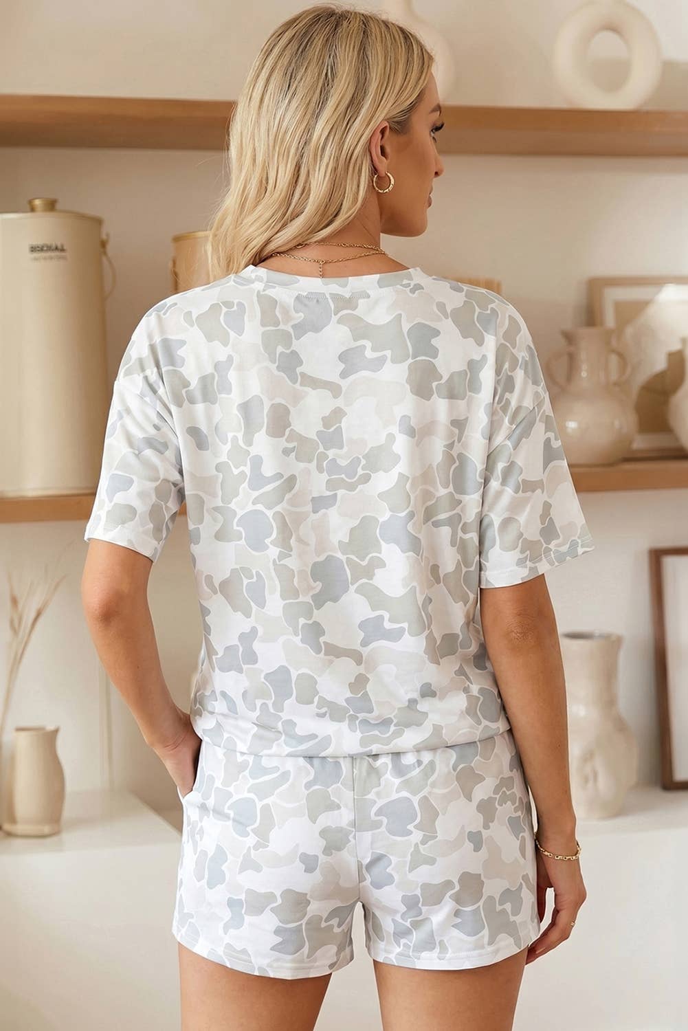 Camo Print Short Sleeve Top and Shorts Lounge Set