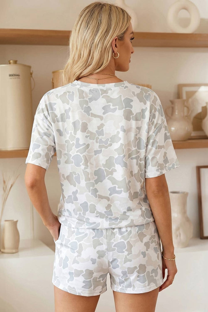 Camo Print Short Sleeve Top and Shorts Lounge Set