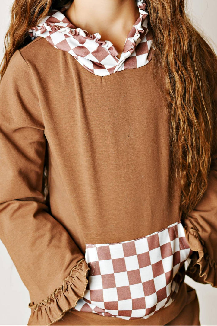 Kids Chocolate Checkered Hooded Ruffle Pocket Lounge Set