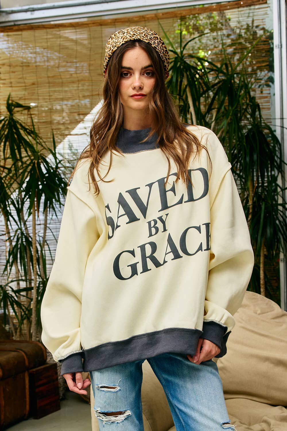 BUCKETLIST INC  Saved by Grace Puff Print Sweatshirt