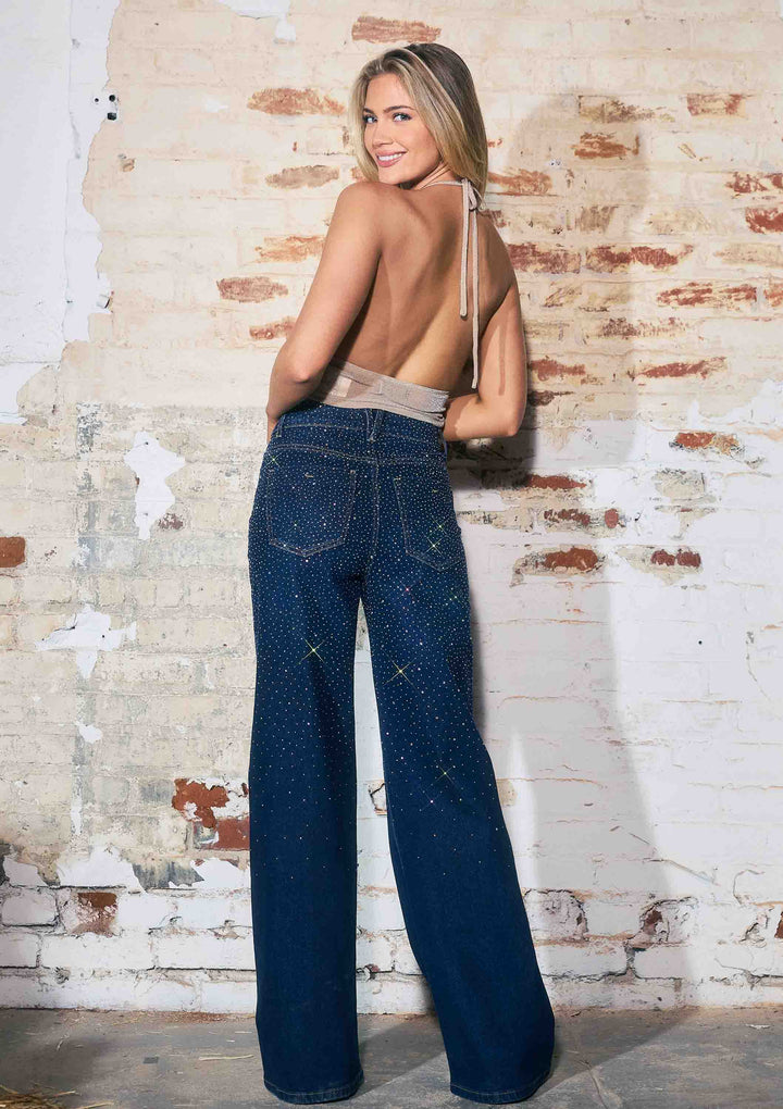 Vibrant M.i.U - Iridescent Rhinestone High-Rise Wide Leg Jeans