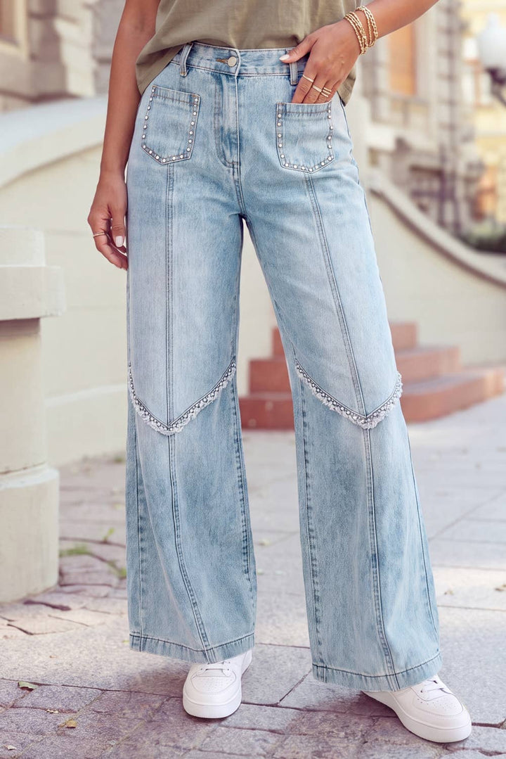 Frayed Studded Detail Wide Leg Pocketed Jeans