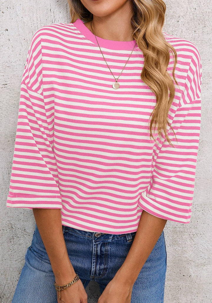 Pink Striped Knit Crew Neck Top with Back Bow Tie Detail